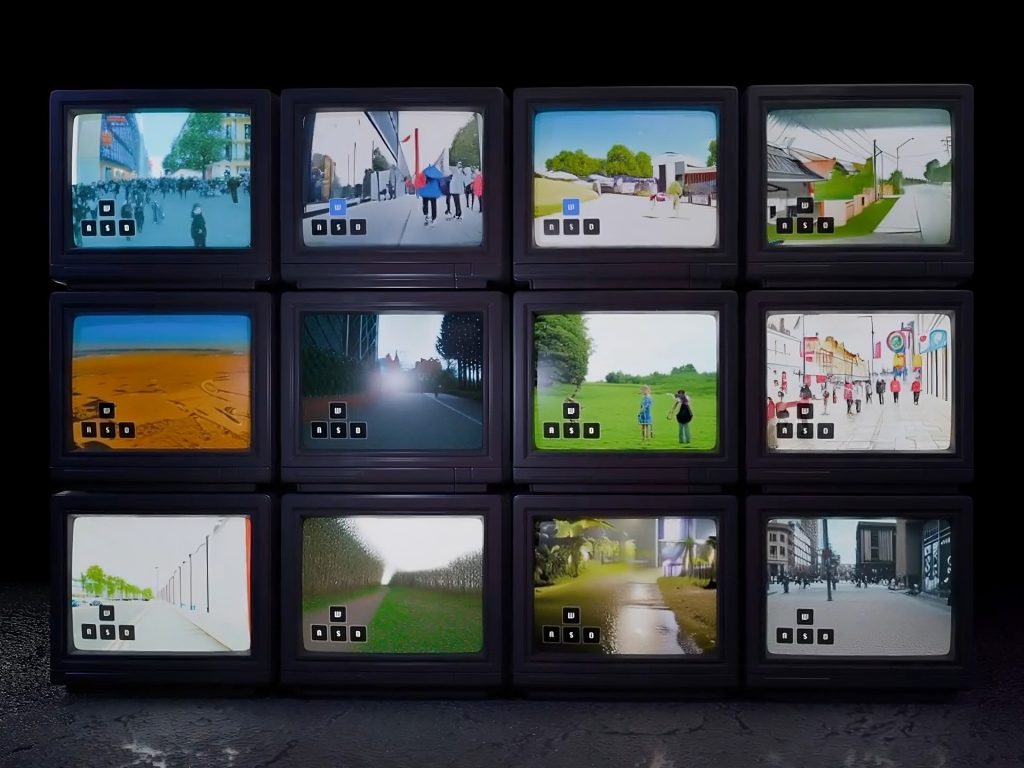 Screenshot of virtual TVs as London-based AI lab Odyssey launches a research preview of a model transforming video into interactive worlds.