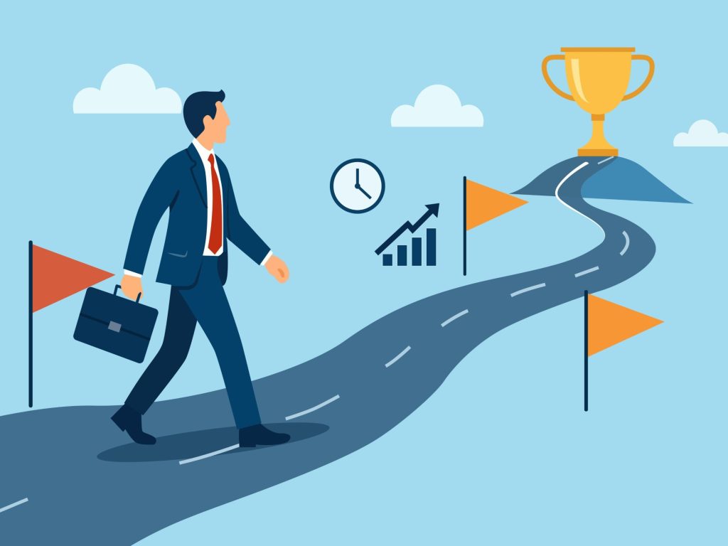 Illustration of a business person on a path to success as improving trust in agentic AI for finance workflows remains a major priority for technology leaders today.